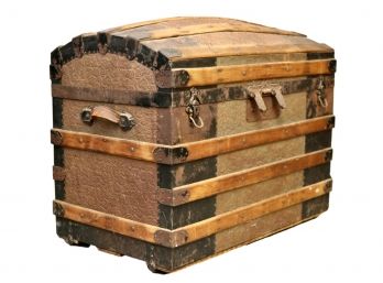 Antique Saratoga Camel Back Wood Travel Trunk With Tin