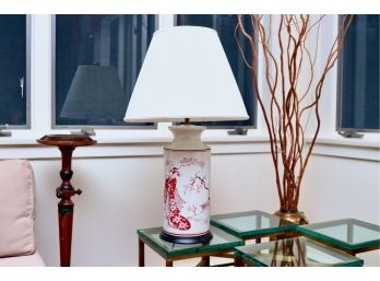 Chinoiserie Red And White Cherry Blossom Figural Cylindrical Lamp With Pleated Empire Shade