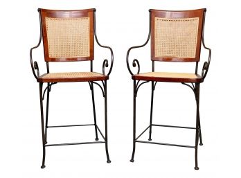 Set Of 2 Caned Cherry Stools By Grange, Country French Style 2 Of 2