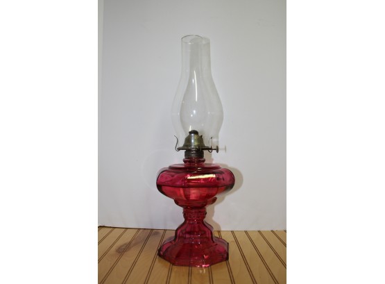 Antique Cranberry Glass Oil Lamp With Clear Glass Chimney
