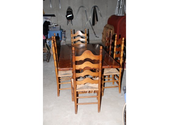 Vintage Heavy Wooden Drop Leaf Dining Room Table With Six Matching Chairs