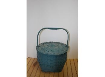 Antique Shaker Blue Painted Woven Wicker Basket With Captured Lid