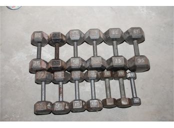 Mixed Lot Of Vintage Metal Hex Dumbells - Six Pairs And One Single Weight