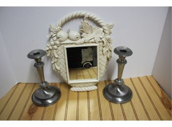 Decorative Lot - EuroMarchi Resin Ornate Wall Mirror & Two Pewter Taper Candlesticks