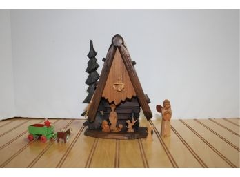 Vintage Germany Carved Wood Nativity Set & Antique Wood Toy Horse Pulled Wagon