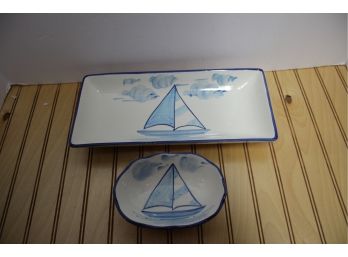 Two Cute Painted Ceramic Sailboat Dish/Tray - Made In Portugal