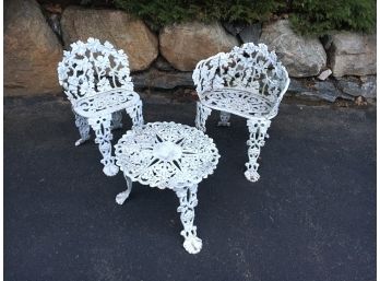 Fabulous 3 Piece Antique Cast Iron Garden Set With A Bench, Chair, And Table Featuring Ornate Casting Details