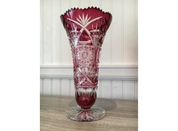 Cut To Clear Bohemian Glass Large Trumpet Vase In Red, Excellent Condition