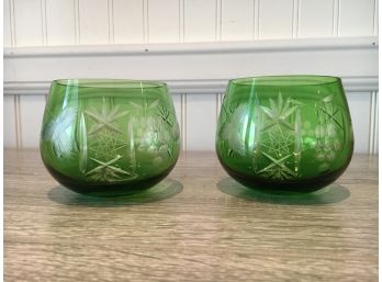 Cut To Clear Bohemian Glass Cups In Green, Excellent Condition