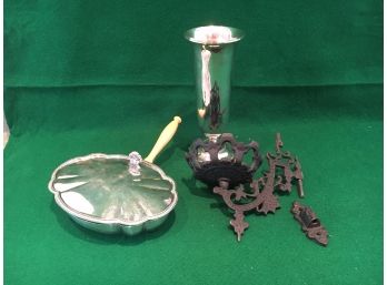 Cast Iron Wall Mount Lamp Holder And 2 Pieces Of Silverplate