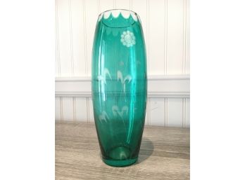 Antique Hand Blown Cut To Clear Bohemian Glass Vase In Teal, Excellent Condition