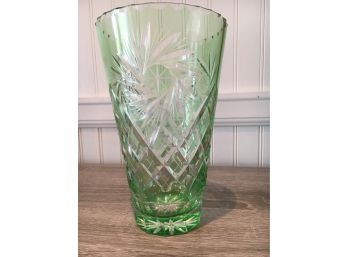 Rare Cut To Clear Bohemian Glass Vasoline Glass Vase, Excellent Condition