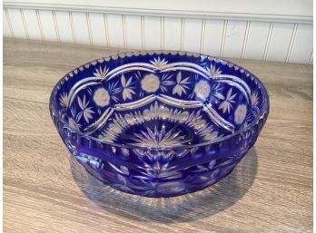 Cut To Clear Bohemian Glass Large Bowl In Blue, Excellent Condition