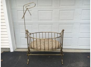 Antique Victorian Solid Brass Baby Nursing Cradle Crib In Excellent Condition, Even Has Original Straw Bed