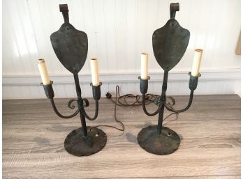 Pair Of Antique Hand Hammered Copper Lamps, Arts And Crafts Style