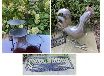 Cool Metal Rooster,  Basket And 3 Tier Swing Arm Serving Piece