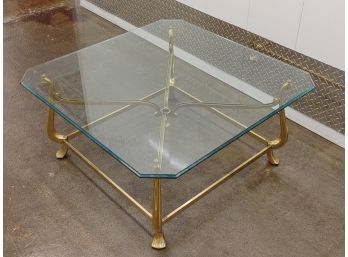 Ethan Allen Heavy Beveled Glass Top Coffee Table With Brass Base