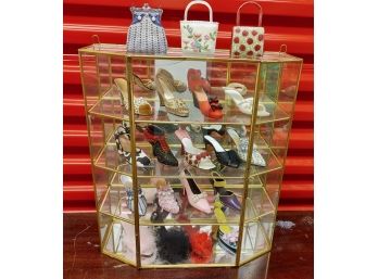 Decorative Collectible Shoes In Glass & Brass Display Case