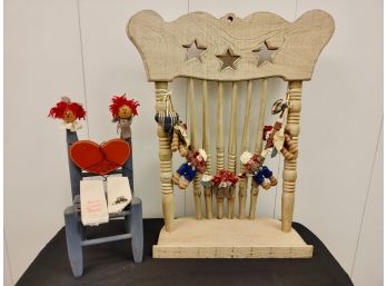 Raggedy Ann Style Americana Lot - Chair Back Shelf, Blue Doll Chair, Doll Hand Towels