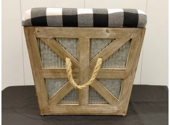 Farm Style Ottoman - Galvinized Steel, Wood And Checked Cushion