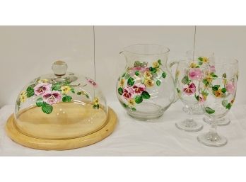 Pier 1 Floral Hand Painted Beverage Set And Cake Dome