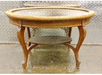 Carved Wood Oval Coffee Table With Removable Glass Tray