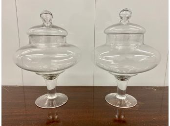 Pair Of Pedestal Glass Containers With Lids