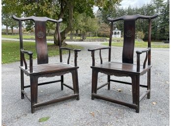 A Pair Of Stunning 19th Century Paneled And Carved Mahogany Asian Throne Chairs