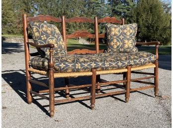 A Rush Seated Antique French Provincial Ladder Back Bench