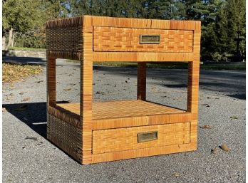 A Vintage Modern Wicker And Brass Nightstand Or End Table