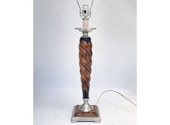 A Vintage Barley Twist Wood And Polished Alloy Lamp