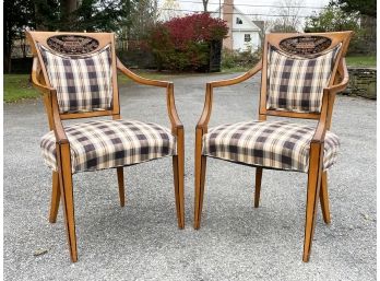 A Pair Of Antique Biedermeier Upholstered Arm Chairs In New Plaid