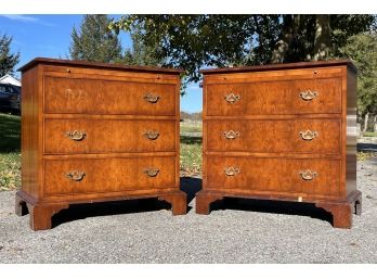 A Pair Of Burl Wood Veneer Nightstands With Pullout Writing Desks