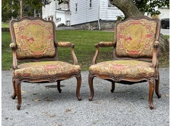 A Pair Of Vintage Louis XV Style Tapestry Upholstered Fauteuils