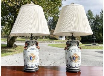 A Pair Of Hand Painted Ceramic Lamps With Silk Shades