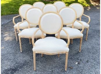 A Set Of 8 Carved Blonde Oak Upholstered Dining Chairs By Auffrance