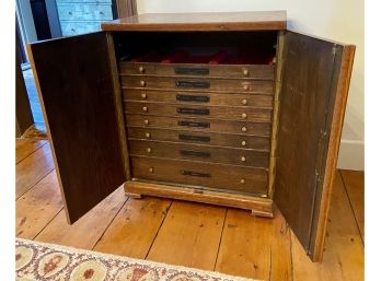 Rare Antique German Wooden Cutlery Cabinet With Labeled Divided Drawers