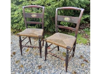 Pair Of Rush Seat Vintage Wooden Chairs