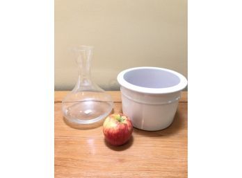 Crate And Barrel Decanter And A White Crock