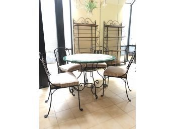 Wrought Iron Table With Ceramic Tile Top And 4 Chairs With Cushions