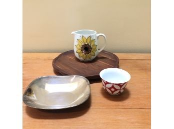 Arabia Sunflower Pitcher, Wood Lazy Susan, Silver-plate Low Bowl And Graphic Bowl