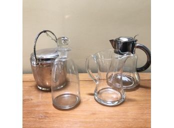 Bar Service Pieces - Pitchers, Decanter And Silver-plate Vintage Icebucket