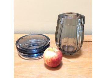 Very Chunky Glass Blue Bowl And Vase, Smokey Gray