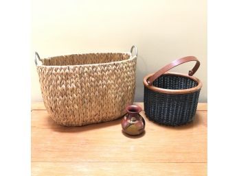 2 Baskets And A Signed Hand Painted Vase