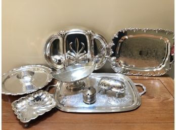 8 Piece Silverplate Assortment - Dip Bowl Attached Platter, Meat Tray, And More