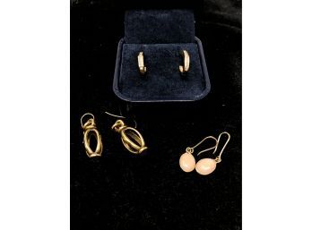 A Trio Of Pierced Earring Pairs - MMA, Drop Stones And Gold Tone Hoops With 'diamonds'