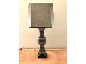 Tall Metal Table Lamp On Black Wood Base With Pewter Colored Shade