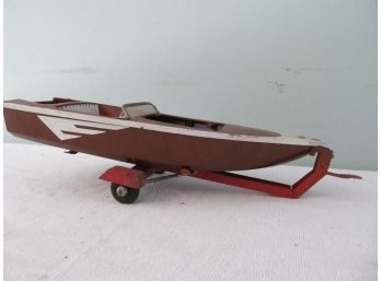 Vintage Fleet Line Plastic Speed Boat With Metal Trailer
