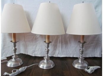 Three Brushed Aluminum Or Pewter Color Table Lamps