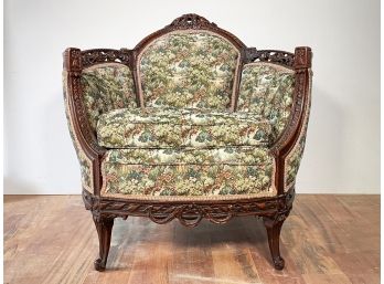 A 19th Century Carved Wood Victorian Bucket Chair In Tapestry Print